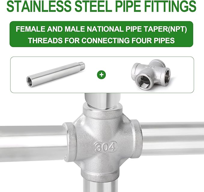 TAISHER 2PCS Stainless Steel 4 Way Pipe Fittings, 1/2" x 1/2" x 1/2" x 1/2" NPT Female Pipe Fittings