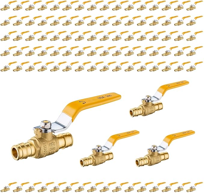 100-Pack Foskan 3/4" Brass PEX-A Ball Valve with Yellow Handle, Quarter Turn Full Port Valve for PEX-A Pipe Connection