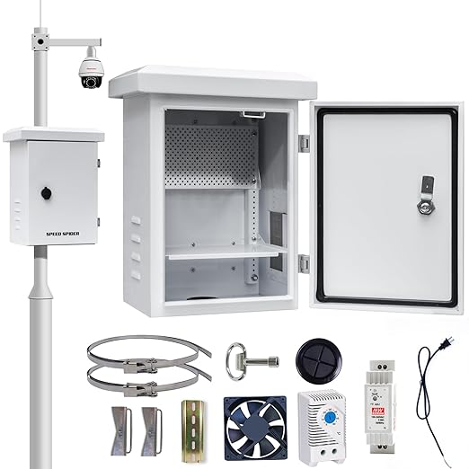 Outdoor Electrical Box withElectrical Cabinet Cooling Fan and Thermostat Set - 11.8 * 15.7 * 7.9" IP Weatherproof Box, Vented Box with Removable Mounting Plate Wall/Pole Mounted (30 * 40 * 20cm)
