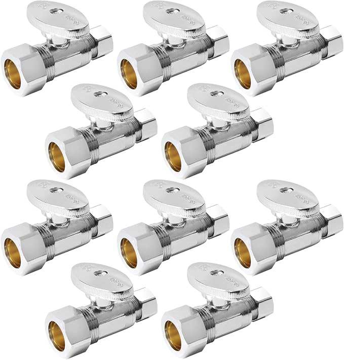 Straight Stop Valve,1/2" Nominal (5/8" OD) Compression x 3/8" OD Straight Shut-off Valve with 1/4 Turn on/off (Pack of 10)(VALVE122)