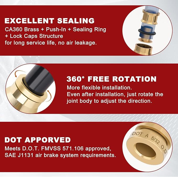 5/32" Quick Push to Connect Fittings Brass Union Straight Joint DOT Approved 5/32" Tube OD x 1/8" NPT Thread Air Line Adapter Air Suspension Kit for Truck Trailers and Air Brake System 10pcs