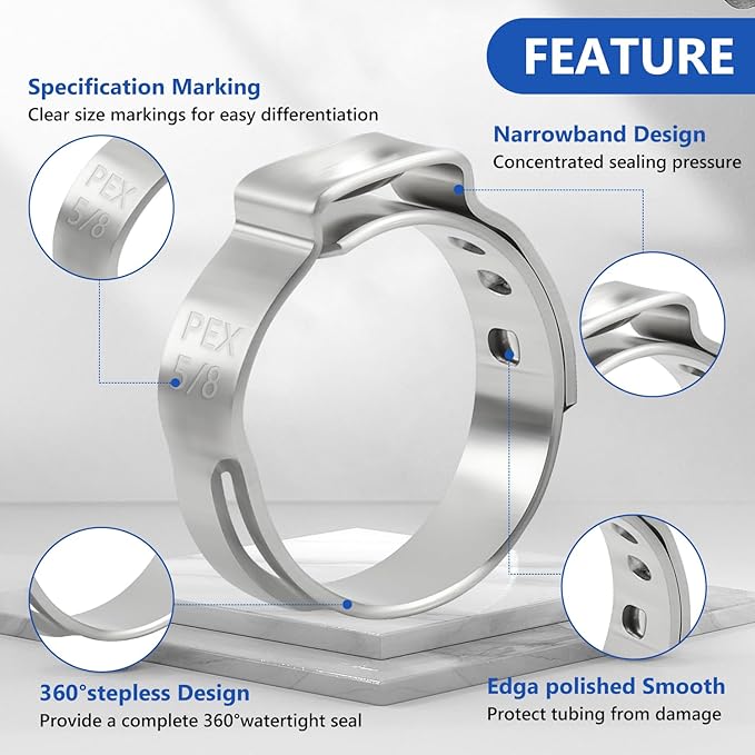 5/8 Inch PEX Clamps 200pcs Crimp Rings Single Ear Hose Clamps Stainless Steel Fittings Cinch Clamp Ring for Pipe Tubing