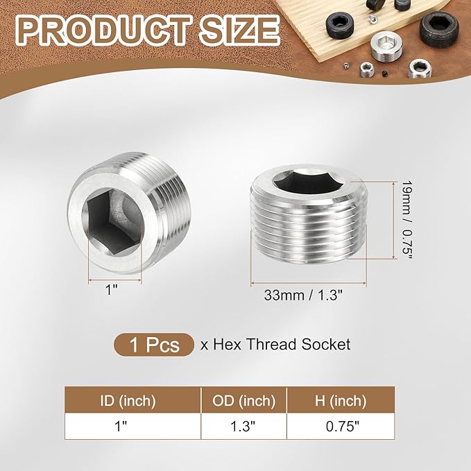 Pipe Plug Stainless Steel Internal Hex Thread Socket Pipe Plug Fitting - Fitting for (Sealing Port - Air Tanks - Water Outlets) 1 Inch NPT Male