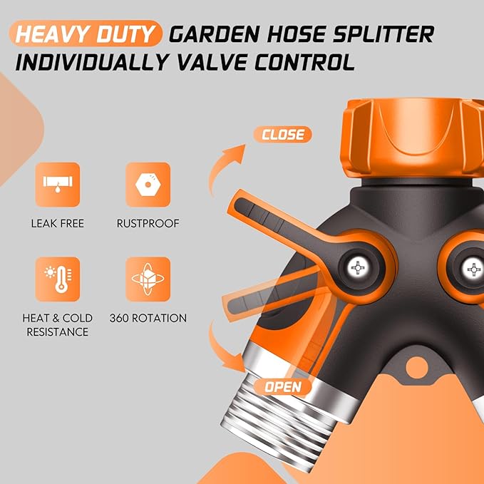 2 Way Garden Hose Splitter with Shut Off Valve,Water Spigot Splitter for 3/4" Hose Connector,Heavy Duty Metal Outdoor Faucet Splitter Y Connector with 3 Leakproof Washers & 1 tape-Orange