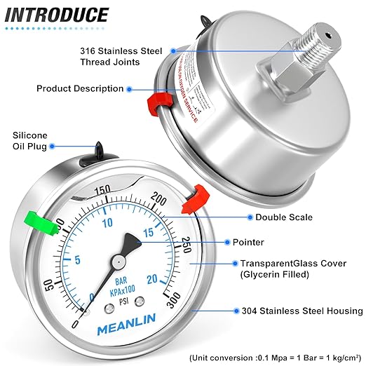 MEANLIN MEASURE 0~300Psi Stainless Steel Liquid Filled Pressure Gauge 2.5" FACE DIAL 1/4" NPT for Air Compressor Air Regulator Water Filter Back Mount with Stainless Steel Hex Bushing and Snaps