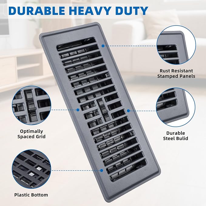 Floor Register 4x10-4 Pack Floor Vents Covers Heavy Duty Steel Walkable Floor Grates Vent Covers for Home Floor Intermediate Switch Design Adjustable Air Vent Covers for Sidewall and Floor, Gray