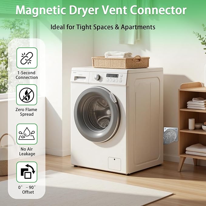 Magnetic Dryer Vent Connector -Quick Connect Coupling,ABS Rust-Proof Housing,Airtight 4" Kit for Tight Spaces-Laundry Room,Closet,Apartment-Quick Snap Installation,Easy Clean