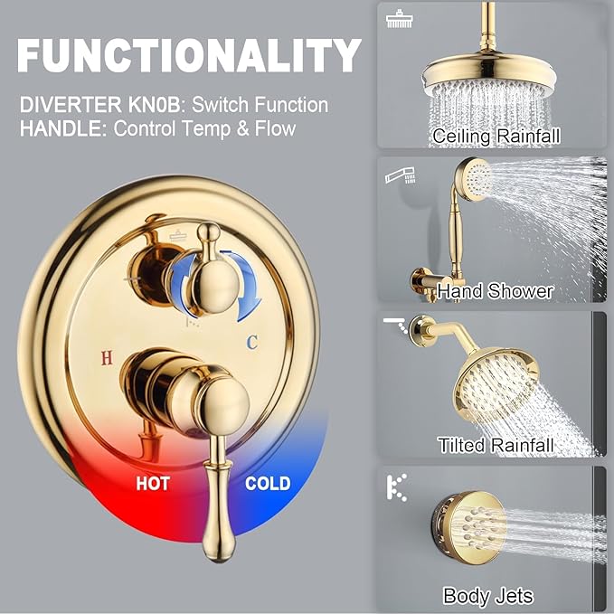 Enga Antique Shower Faucet Sets Dual Heads with 4 Body Jets, 8" + 6" Ceiling & Wall Mount Vintage Shower Head with Handheld Spray Combo, 4 Way Diverter Brass Valve, Bright Gold