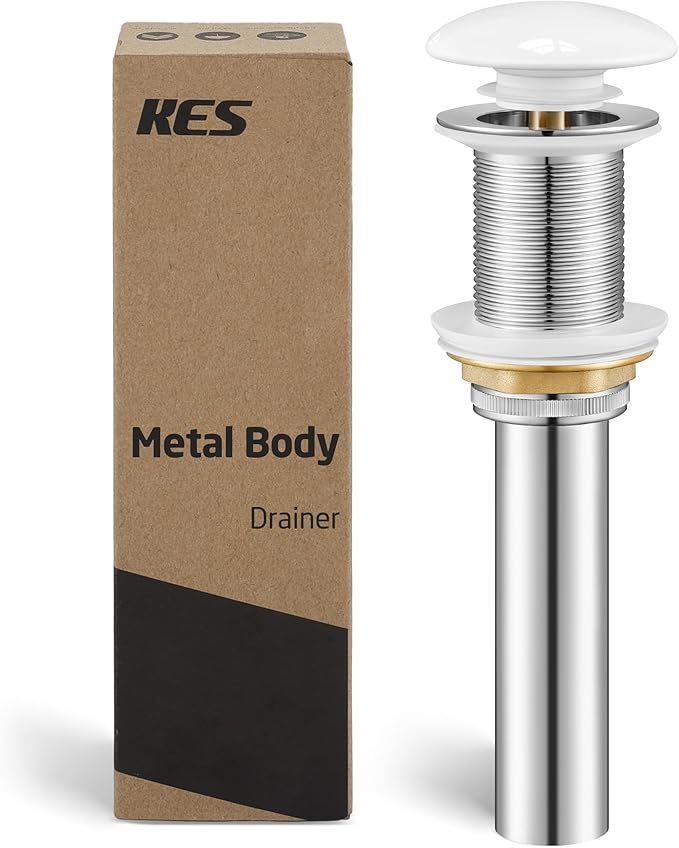 KES Bathroom Sink Drain Without Overflow, Pop Up Drain for Bathroom Sink, Bathroom Sink Stopper (White Ceramic Cap and All-Metal Body), S2008D-CW