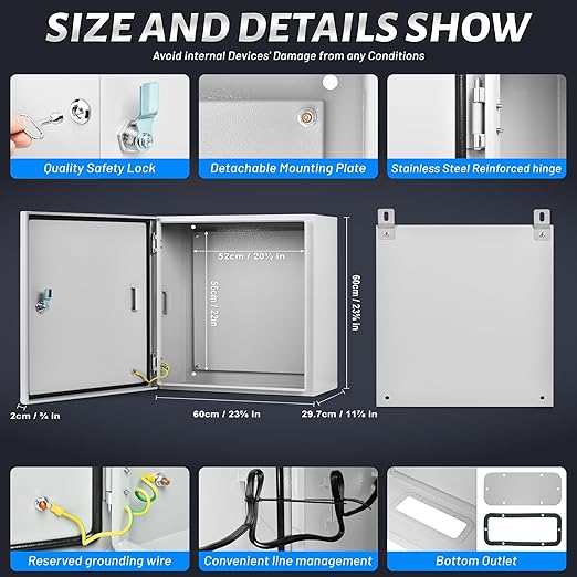 Steel Electrical Junction Box, 24 x 24 x 12'' Waterproof & Dustproof Electrical Enclosure, Outdoor & Indoor Universal Project Box with Lock & Mounting Plate