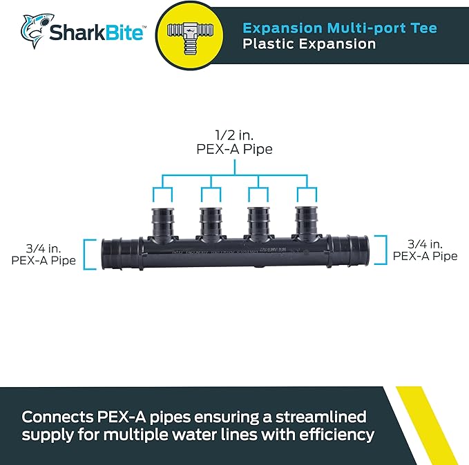 SharkBite 4 Port PEX Expansion Poly Tee, 3/4 Inch Open Trunk with 1/2 Inch Outlet, Multi Line Water Manifold Plumbing Fittings for PEX-A Tubing, UAMPT4OZ