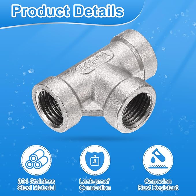 uxcell 4 Pcs 304 Stainless Steel Tee Pipe Fittings G1/4" Female Tee Adapter 3 Way t Shaped Cast Pipe Fitting Connector with Seal Tape for Plumbing Drainage Pipes Heating Systems