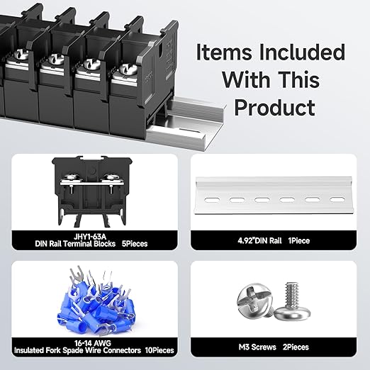 5Pcs JHY1 DIN Rail Terminal Blocks, 600V 63A, 16-10mm², Detachable & Assemblable Terminal Strip Blocks, 10Pcs 16-14 AWG Insulated Fork Spade Wire Connectors & 4.92 Inch DIN Rail Included