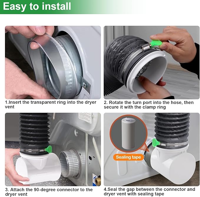Dryer Vent Connector Kit with 90 Degree Elbow & 6-Layer Hose – 4 Inch Tight Space Dryer Vent Connector – Crush-Proof, Flexible Dryer Duct Hose for Electric Dryers