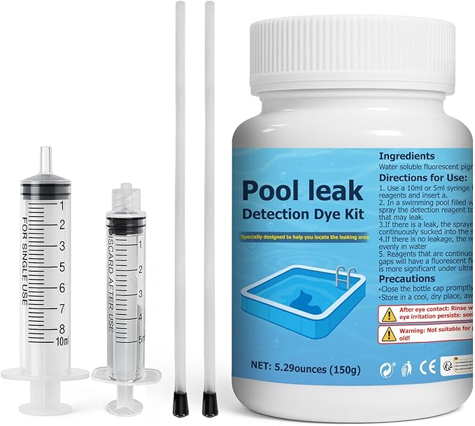 150g Fluorescent Yellow Pool Dye Leak Detection Kit, Long-Lasting That Pinpoints Leaks in All Pool,Hot Tub and Spa Types,with Reusable Syringe and 2 Precision Applicator