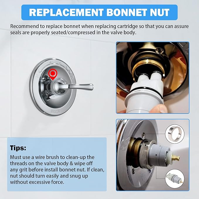 RP46074 Delta Shower Cartridge Replacement for Delta 13/14 Series Single Handle Bath Tub Shower Faucet Universal Delta Shower Valve Cartridge Replacement Parts Repair Kit with RP22734 Bonnet Nut