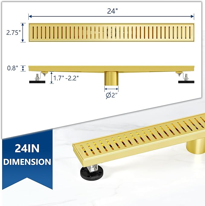Neodrain 24" Gold Bathroom Linear Shower Drain with Removable Capsule Pattern Grate, 304 Stainless Steel Rectangle Shower Floor Linear Drain- Adjustable Leveling Feet,Hair Strainer, CUPC Certified