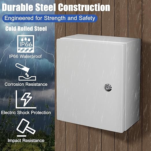 LeMotech Electrical Box 12 x 10 x 6 inch Junction Box, IP66 Waterproof Dustproof Steel Enclosure Wall-Mounted for Outdoor/Indoor Lockable with Equipment Mounting Plate
