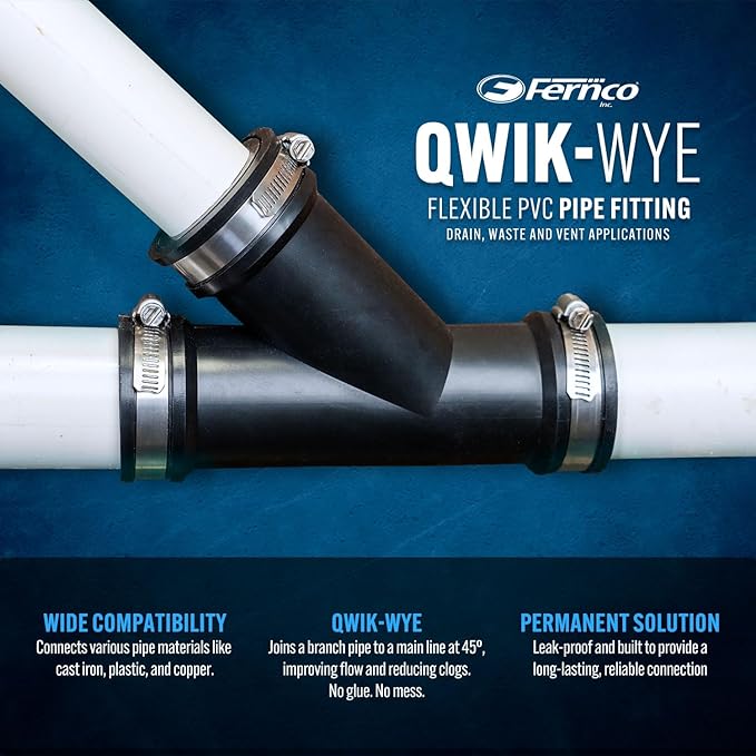 Fernco 1.5 in. Hub Flexible PVC Wye DWV Pipe Fitting Connector with Optional 1.25 in. Reducer Bushing for Cast Iron, Steel and Plastic Connections