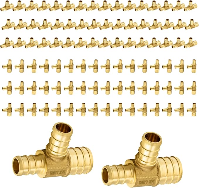 100-Pack PEX Fittings Niikappu 1"x3/4"x3/4" Pex Tee, Brass Crimp Pipe Fittings for PEX Pipes, ASTM F1807