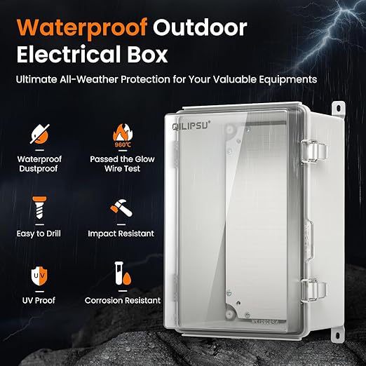 QILIPSU UL94-V0 Outdoor Electrical Box 11.8"x7.9"x6.7" Waterproof Junction Box Weatherproof PC/ABS Alloy Plastic IP66 Project Electric Enclosure Clear Hinged Door