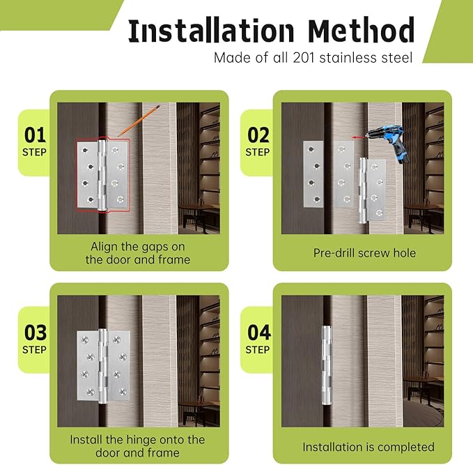 3Pcs Stainless Steel Door Hinges 4 Inch, Heavy Duty Ball Bearing Hinges for Interior Exterior Doors, Square Corner, Max Loading 150LB, Smooth and Quiet, Silver