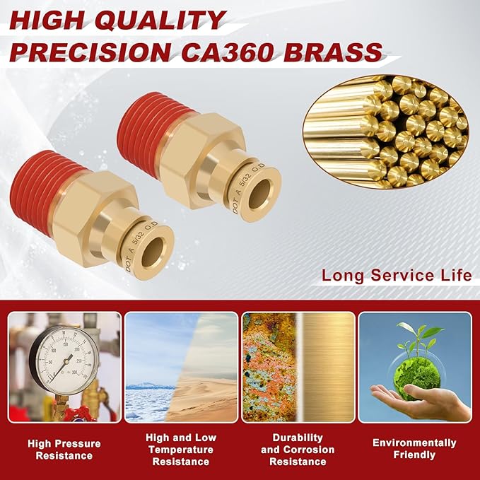 5/32" Quick Push to Connect Fittings Brass Union Straight Joint DOT Approved 5/32" Tube OD x 1/8" NPT Thread Air Line Adapter Air Suspension Kit for Truck Trailers and Air Brake System 10pcs