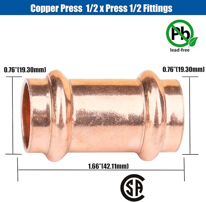 WHK 12 Packs Copper Pro Press 1/2" Press Propress x 1/2" Copper coupling Adater Fittings Connect Cooper Pipe (Lead-Free,No Stop)