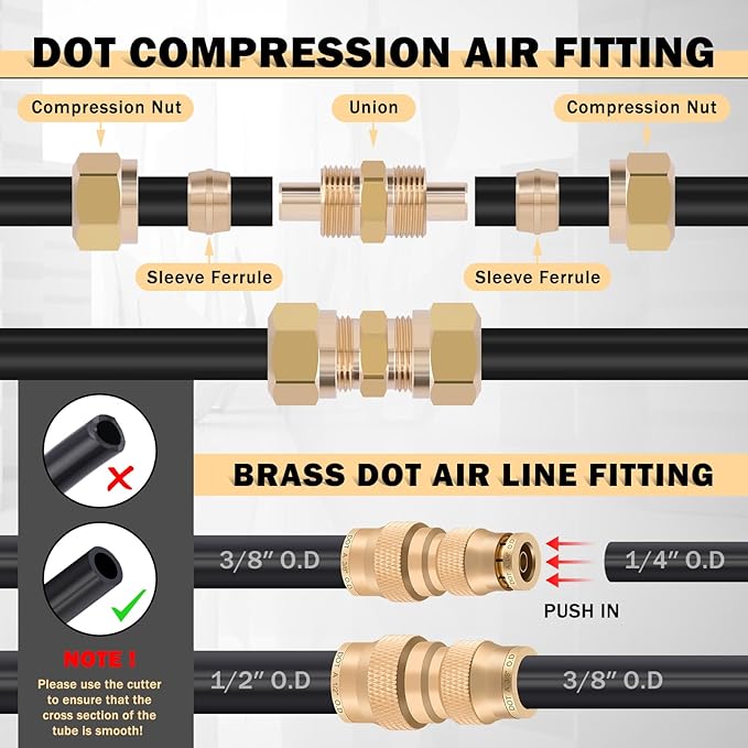 CheeMuii 124 PCS Brass DOT Air Line Fittings with 4 Roll 100FT 1/8" 1/4" 3/8" 1/2" DOT Air Lines Kit Push Lock Air Fitting Quick Connect Air Fittings with Air Hose Pneumatic Tubing