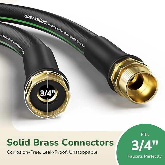 GreatBuddy Garden Hose 50ft, 5/8" Water Hose Heavy Duty, Flexible, Lightweight Hybrid Hose, Burst 600 PSI with Solid Brass Male to Female Fittings Leakproof Hose for Backyard, Garden