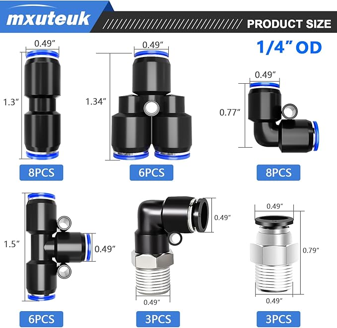 mxuteuk 1/4" OD Push to Connect Fittings,1/4" OD Air Line Fittings,Quick Connect Air Hose Fittings for 1/4" Tube (34PCS)