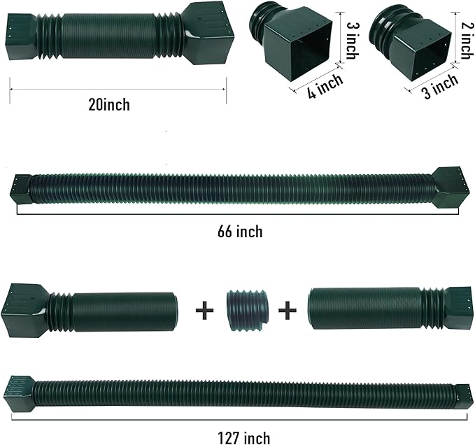 2 Pack Rain Gutter Downspout Extensions, Upgraded Flexible Drain Down Spout Extender for Rain Water Drainage, Each Extendable from 20" to 66", Combine to 10 ft with Connector(Green)