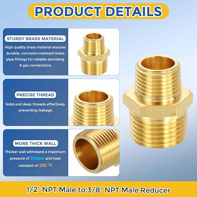 2 Pack Brass Pipe Fittings, 1/2" NPT Male to 3/8" NPT Male Brass Hex Nipple, Male Pipe Adapter Reducer for Air, Oil, LP