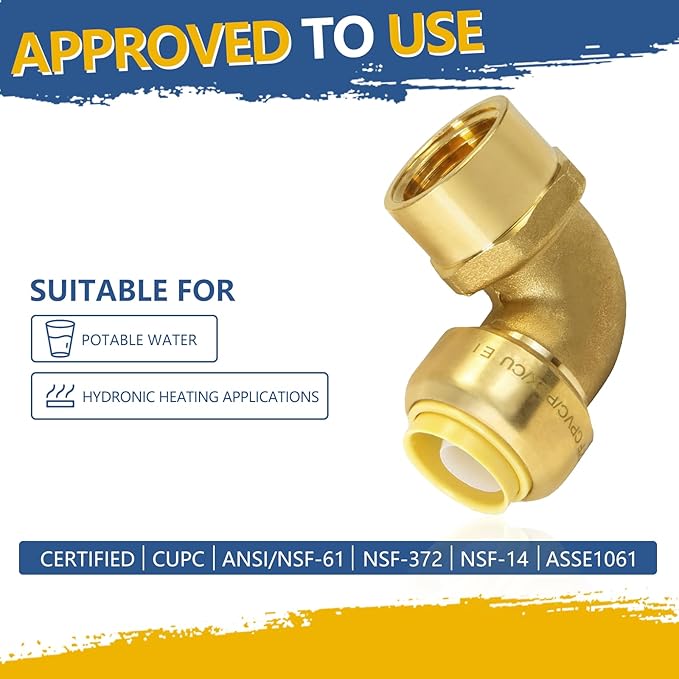 Push-fit Female Elbow,1/2" x 1/2" FNPT Female Threaded Elbow with Disconnect Clip, Push Fittings for Copper, PE-RT, CPVC Pipe(Pack of 10)(PF161)
