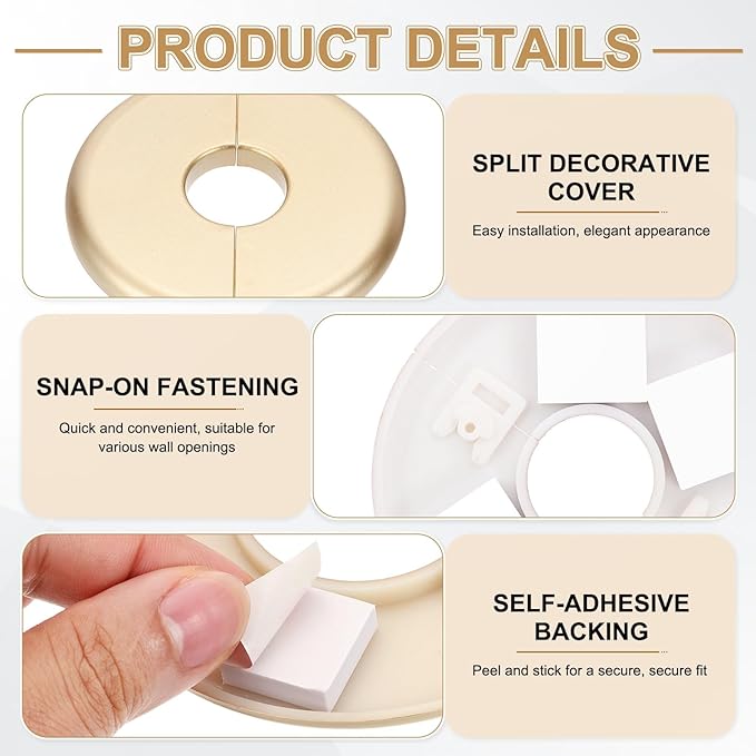 PATIKIL Wall Split Flange 80mm / 3.1" OD, 4 Pcs Round Escutcheon Plate Cover PPR Plumbing Cover Plates with Self-Adhesive Tape for 22.5mm / 0.9" Dia Water Pipe Faucet, Gold