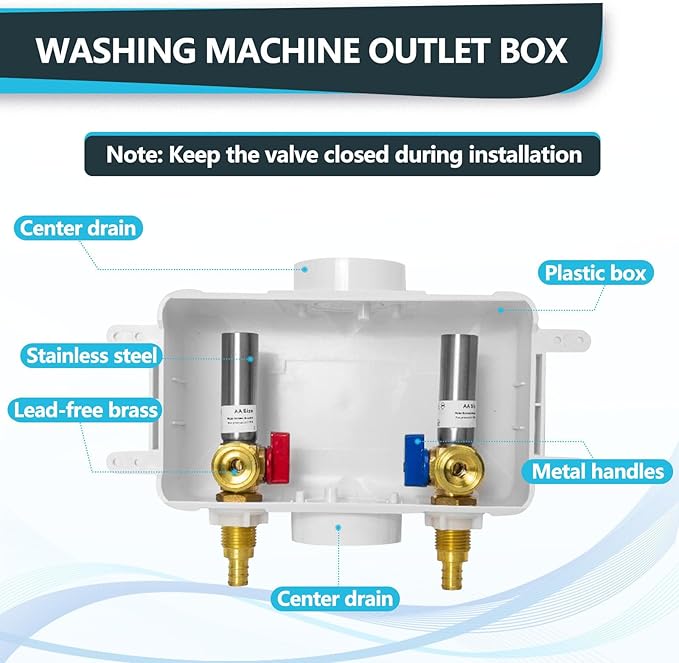 Washing Machine Outlet Box, Center Drain, 1/2 Inch Pex Crimp Inlet x 3/4 Inch MHT Outlet Connection, with Stainless Steel Water Hammer Arrestor (Pack of 2)