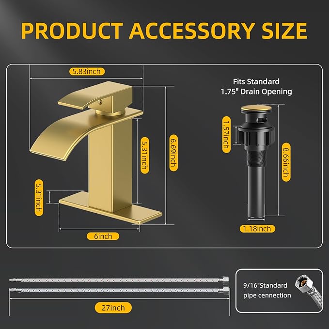 Bathroom Faucet Brushed Gold Modern Waterfall Bathroom Sink Faucet with Single Handle Suitable for 1 or 3 Holes,Supply Deck Plate and Hose…