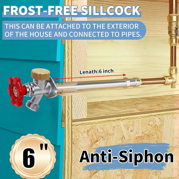 Boltigen 6inch Anti-Siphon Frost Free Sillcock, No Lead Brass Frost Proof Outdoor Faucet Bib with Backflow Preventer, 1/2" Push-to-Fit Connector X 3/4 Inch Hose Bibb Frost Free Spigot