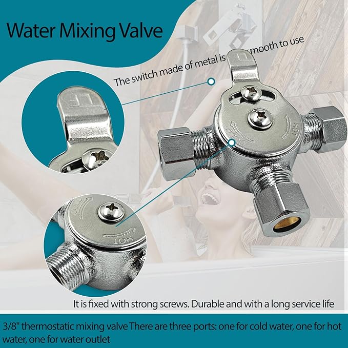 Water Mixing Valve, Hot Cold Water Mixer, Inlets and Outlet is 3/8"Inch, Manual Mixing Valve Hot and Cold Water Mixer, Compression Sleeve and Nuts Included