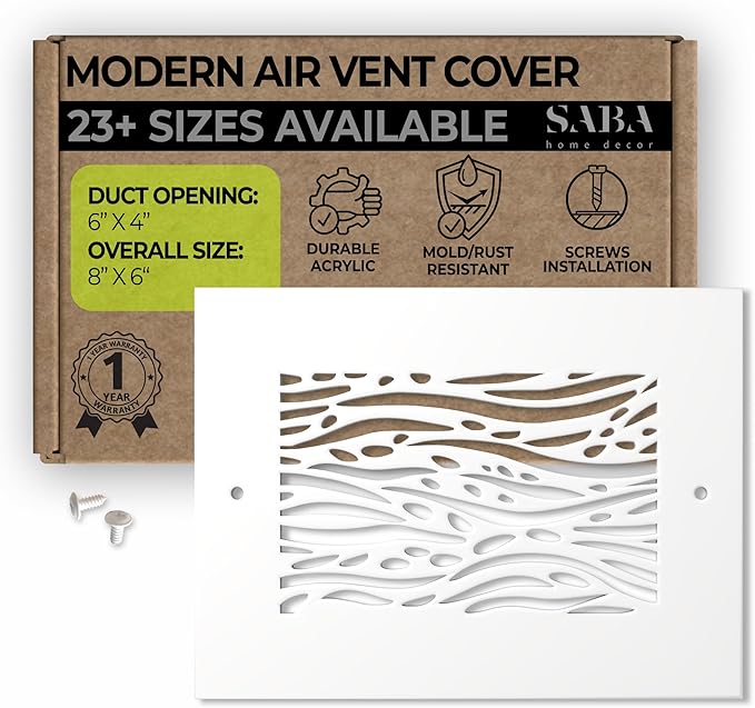 SABA Home Decor White Air Vent Cover - Acrylic Plexiglass 4" x 6" Duct Opening (6" x 8" Overall) Return Grille Decorative Covers for Walls & Ceilings NOT for Floor USE, Waves