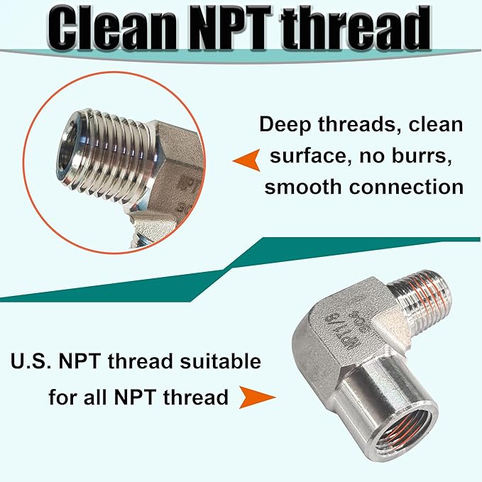 2pcs 90 Degree Street Elbow, 304 Stainless Steel Forged Barstock Street Elbow Adapter, Heavy Duty 5800PSI 1/8" NPT Female x Male Pipe Fitting Connector (1/8" MNPT x 1/8" FNPT)