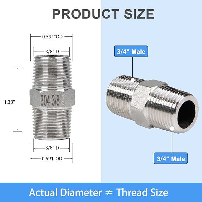 2Pcs 3/8" Male Hex Nipple Pipe Fittings, 304 Stainless Steel Threaded Adapter Fittings, 3/8 Inch Male Equal Nipples Connectors, Male Straight Threaded Pipe Fitting