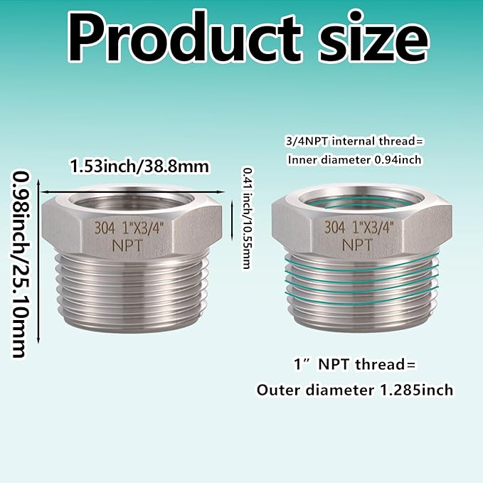2 Pcs 1" Male NPT to 3/4" Female NPT Reducer Hex Bushing，304 Stainless Steel Pipe Fitting Hex Bushing, Heavy Duty Pipe Fitting Reducer Adapter