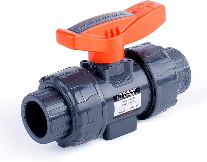 HYDROSEAL Kaplan 3/4" PVC True Union Ball Valve with Full Port, ASTM F1970, EPDM O-Rings and Reversible PTFE Seats, Rated at 200 PSI @73F, Gray, 3/4 inch Socket (3/4")