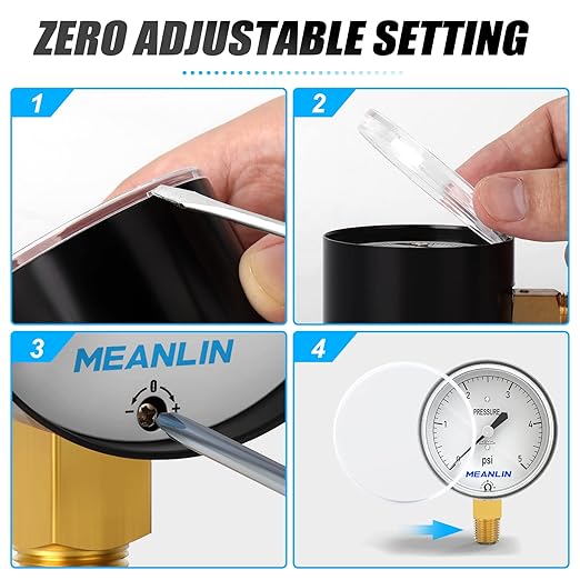 MEANLIN MEASURE 0-5psi Diaphragm Type Capsule Low Pressure Gauge 1/4" NPT 2-1/4" FACE DIAL Adjustable Water Column Gauge, with 1/4" x 1/2" NPT and 1/4" x 3/8" NPT Hex Bushing, Lower Mount