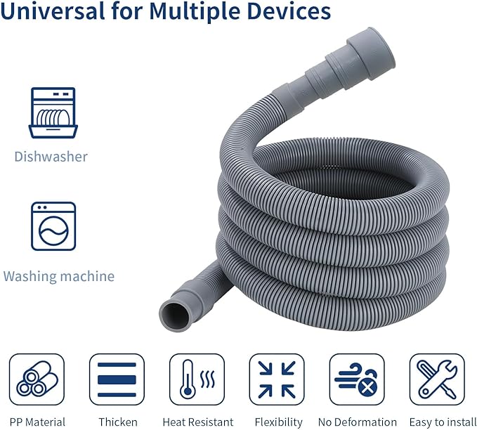10 FT Washer Drain Extension Kit, Flexible Corrugated Hose, U-Bend Holder & 2 Clamps