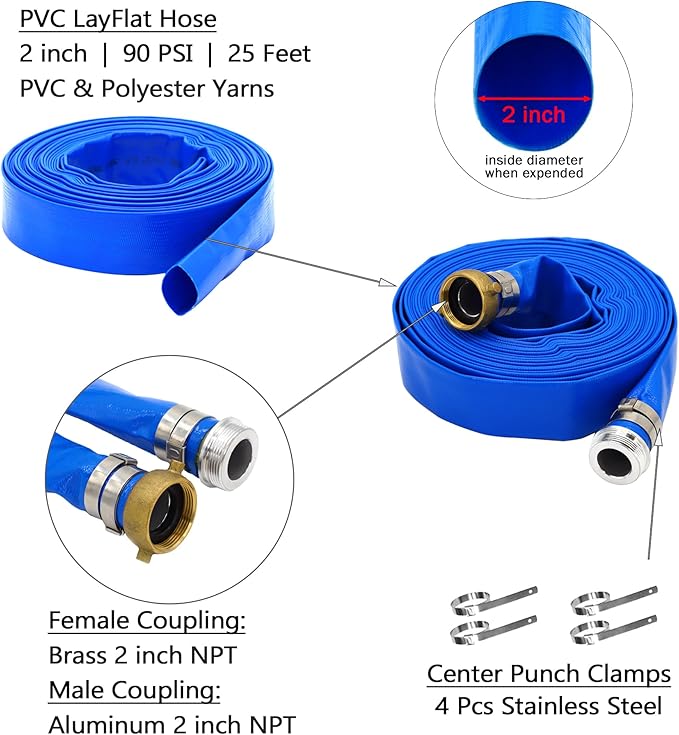 2" ID x 25 ft PVC Lay Flat Discharge Hose with Aluminum Pin Lug Fittings, Heavy Duty Reinforced Blue Backwash Pump Hoses for Swimming Drain Pools and Clean Filters