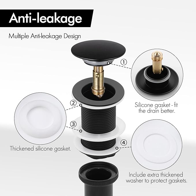 KES Bathroom Sink Drain Without Overflow Sink Drain Stopper Matt Black Pop Up Drain, All Metal Rustproof Brass and 304 Stainless Steel, S2008D-BK