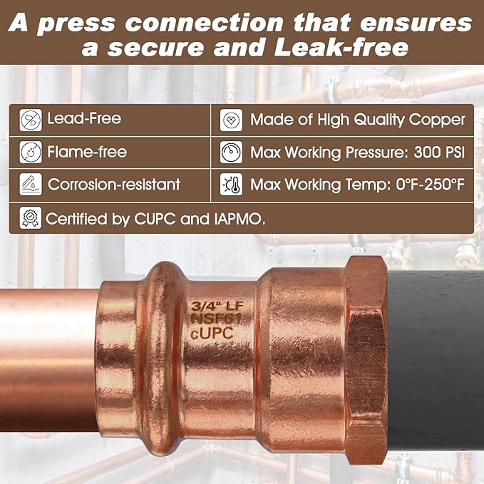 12PCS Copper Press Female Adapter,Plumbing 3/4”Copper Press Fittings x 3/4” Female NPT Coppers Press Adapter Pressure Coppers Fitting,3/4”Female NPT x Press LF Press Adapter Fittings