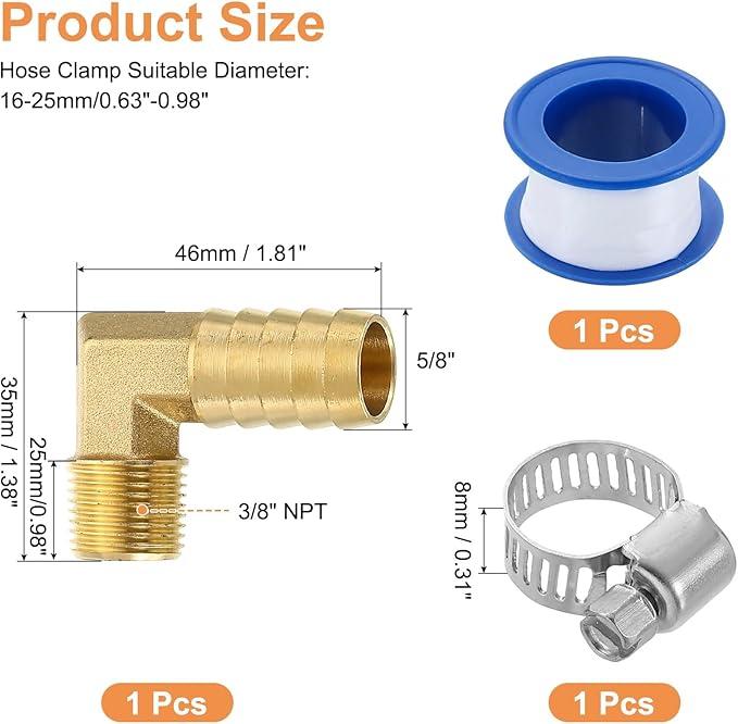 uxcell Brass Hose Barb Fitting, 5/8" x 3/8" NPT 90 Degree Elbow Hose Connector with Hose Clamps for Water Fuel Gas Oil Transportation